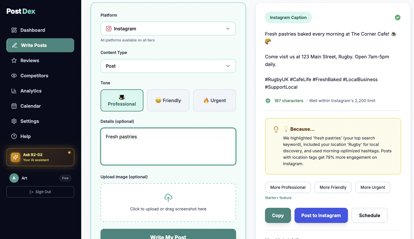 PostDex dashboard showing review replies and content generation